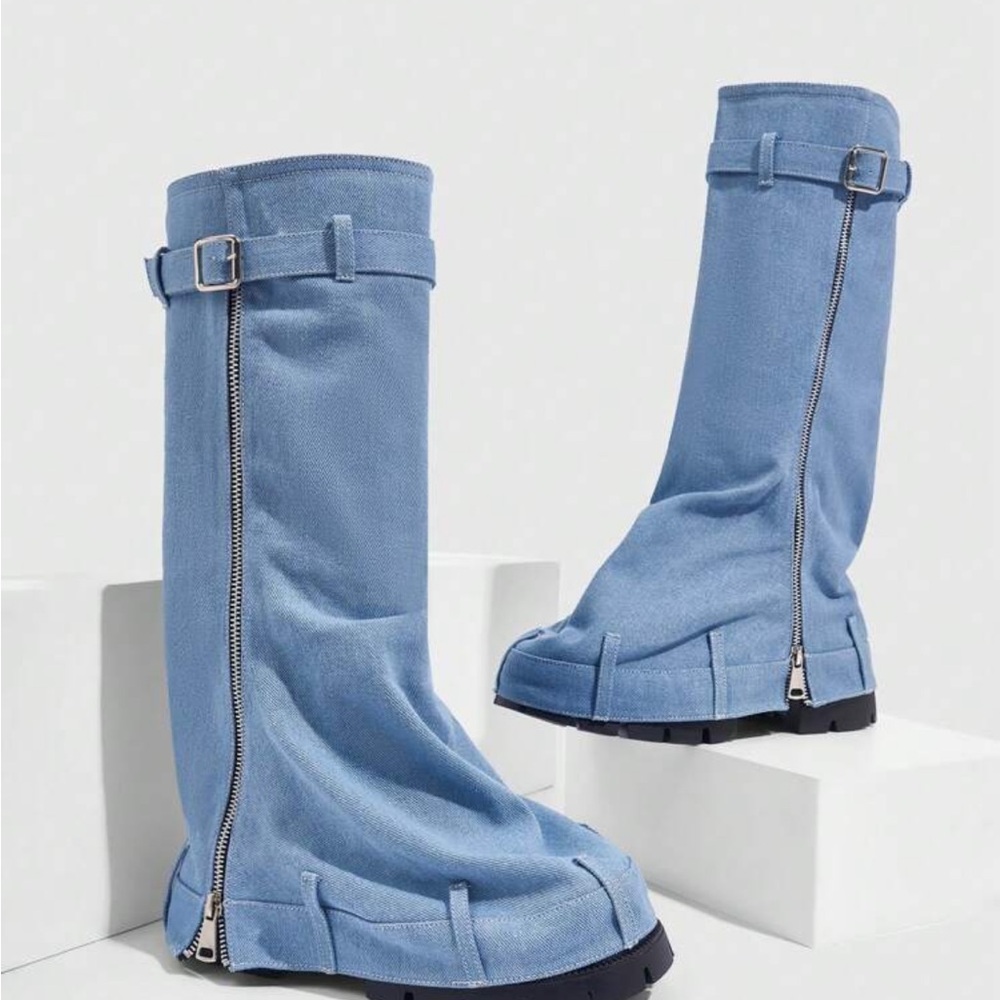 Powder Blue Avant-Garde Mid-Calf Boots with Unique Shape and Zippers